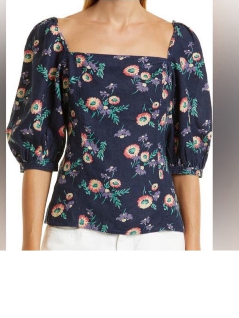 Polo Ralph Lauren 12 Top 100% Linen Blue Floral Puff Sleeve Square Neck NWT